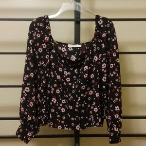 Lush Floral button pirate sleeve black rounded square neck crop blouse